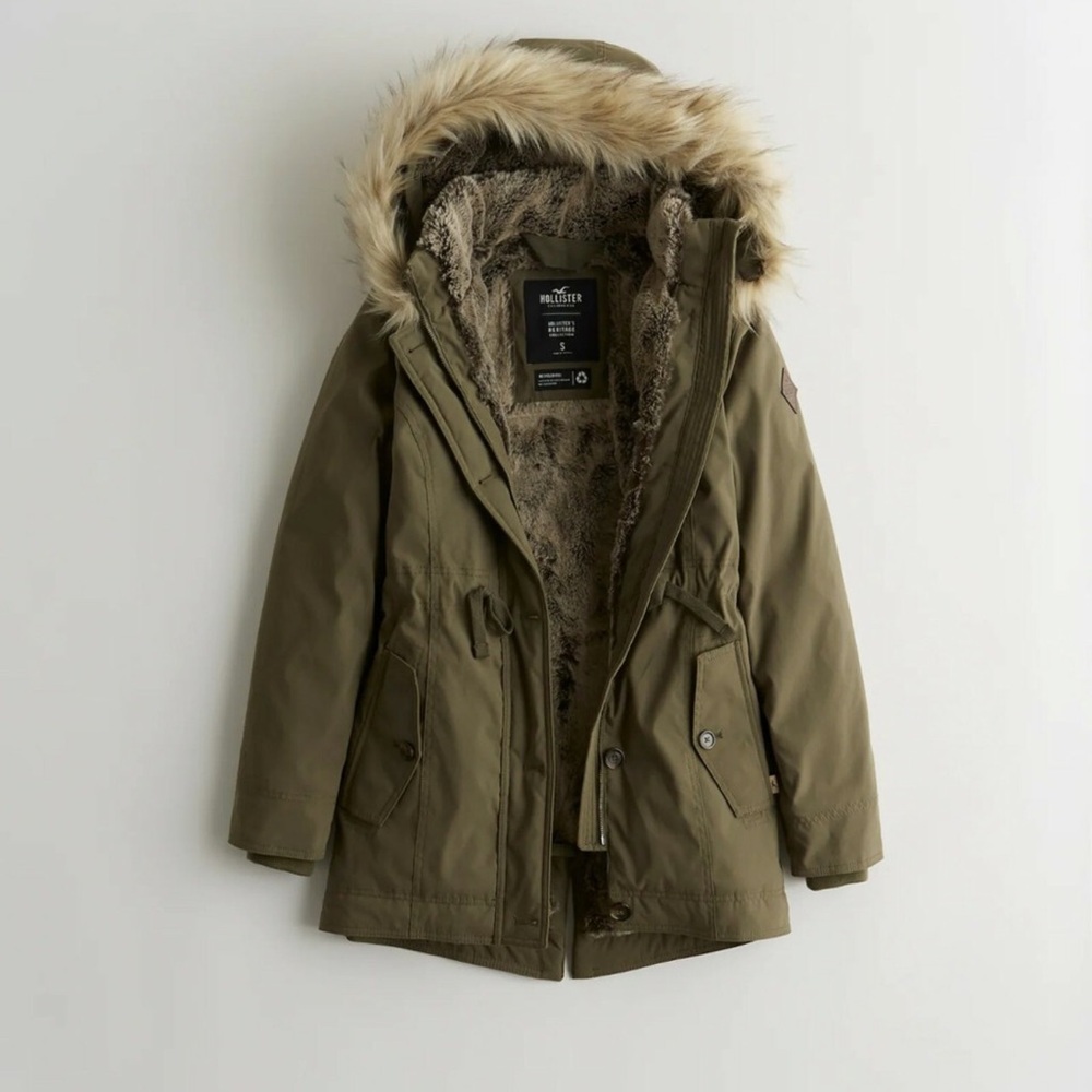 Hollister Olive Utility Jacket Faux Fur-Lined Parka like new XL